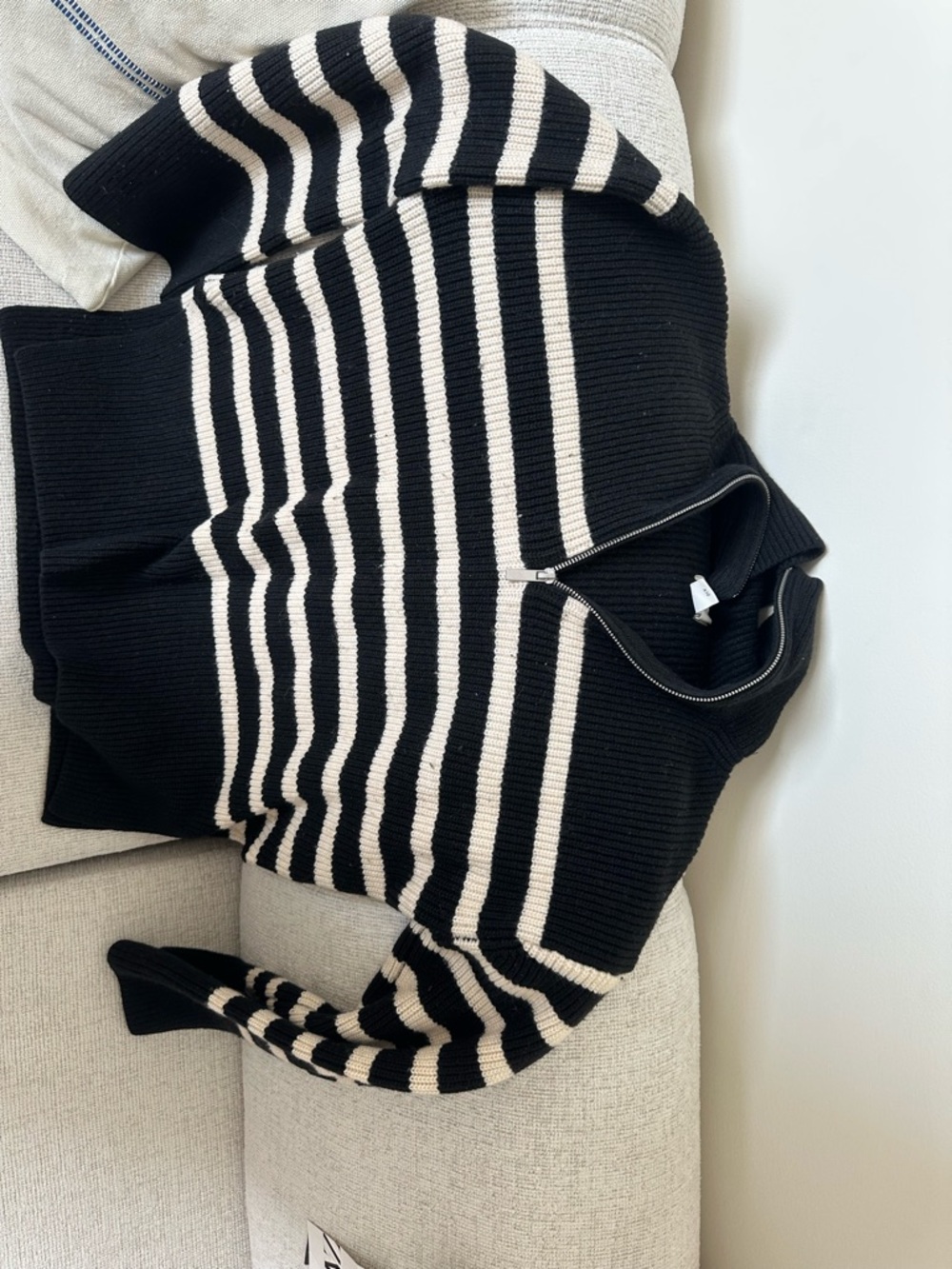 H&M Black and Cream Striped Half-Zip Turtleneck Sweater